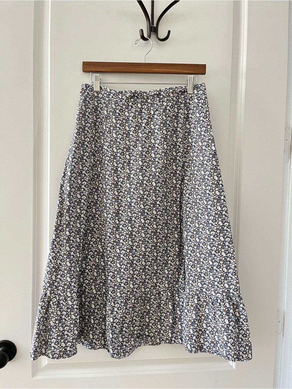 Navy and White Floral Skirt with Ruffle Hem